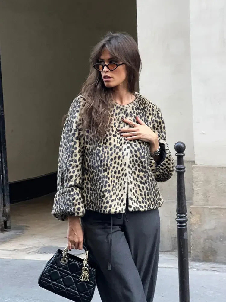 maoxiangshop -  Women's Leopard Long Sleeve Bomber Jacket Dor Women Casual Lapel Single Breasted Short Coat Elegant Winter Warm Outwear Jackets