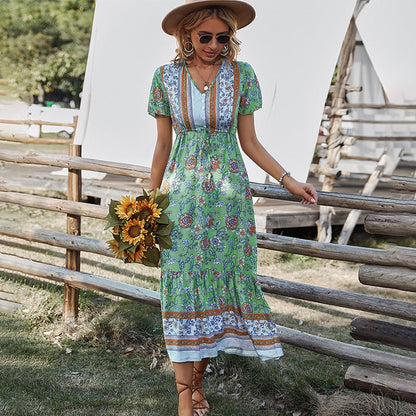 Boho Dress For Women Flower Print V Neck Short Sleeve High Waist Summer Dresses Casual Beach Holiday Vestidos Female