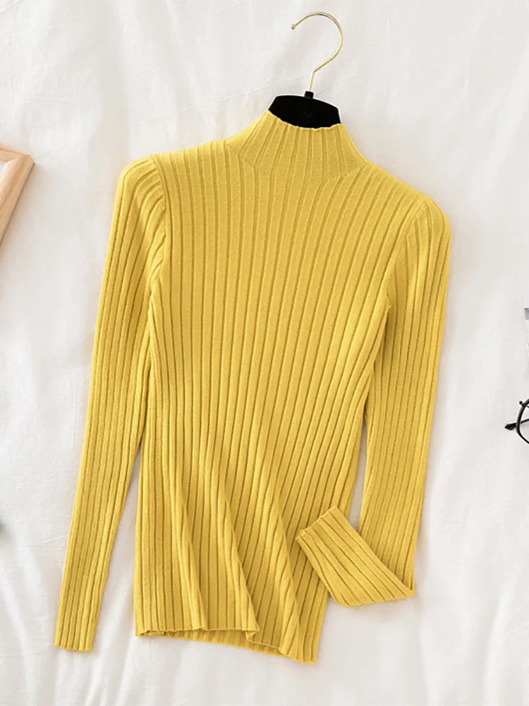 maoxiangshop Croysier Pullover Ribbed Knitted Sweater Autumn Winter Clothes Women High Neck Long Sleeve Slim Basic Woman Sweaters Tops