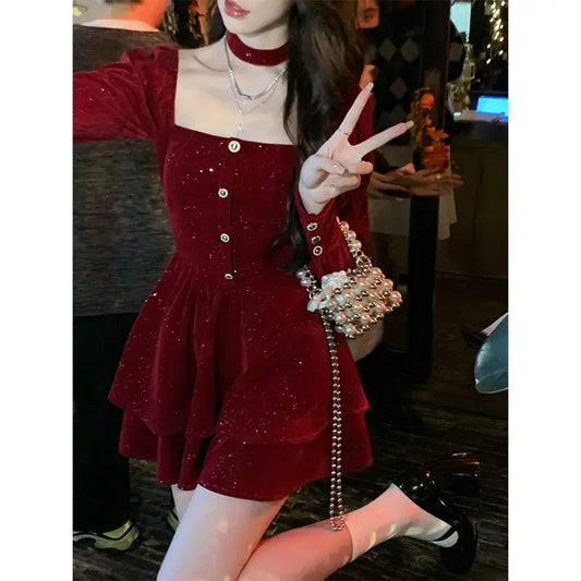 maoxiangshop  -  Christmas Red Elegant Velvet Dress Women France Designer Vintage Mini Dress Female Korean Fashion Party  Y2k Dress Winter