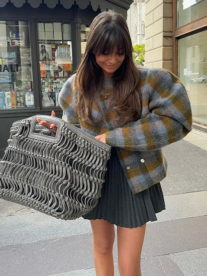 maoxiangshop  -  Women Vintage Plaids Double Breasted Woolen Coats Fashion O Neck Fluffy Long Sleeves Jacket Autumn Winter Chic Lady Warm Outwear