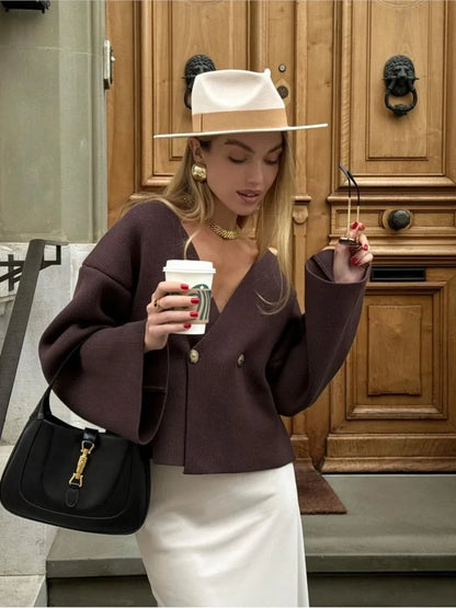 maoxiangshop -  Women's Solid Cropped Quilted Knit Coat Elegant V-neck Single Breasted Flare Sleeve Coats Winter Female Chic Streetwear Knitwear