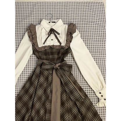 maoxiangshop  -  Autumn Fake Two Piece Spliced Long Sleeve Plaid Dress for Women Waist Slimming Sweet Girl College Style A-line Long Dresses