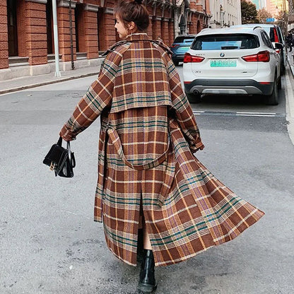 maoxiangshop Vintage Thicken Plaid Woolen Coats Women Winter Belt Long Woolen Blends Jackets Single Breasted Luxury Overcoat Warm Abrigos New