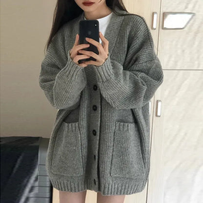 maoxiangshop Autumn Winter Women Cardigan Sweater Coats Fashion Female Long Sleeve V-neck Loose Knitted Jackets Casual Sweater Cardigans