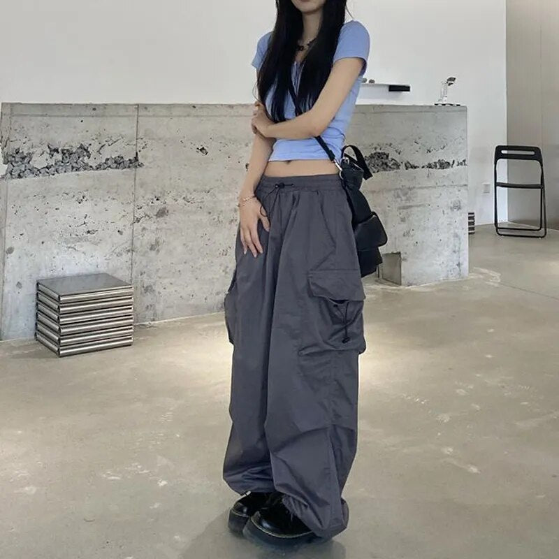 maoxiangshop Hip Hop Women Cargo Pants Streetwear All Match Y2K Wide Leg Pants Korean Elastic Waist Sweatpants Female Chic Trousers