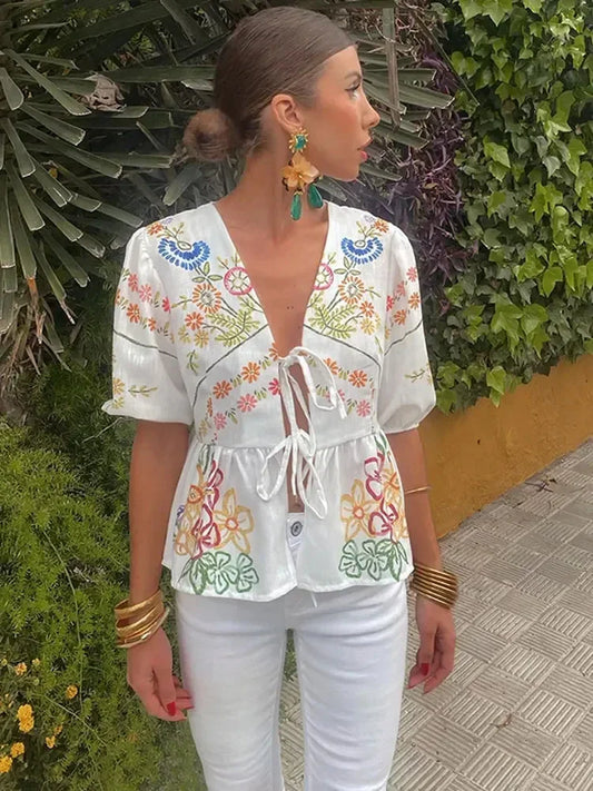 maoxiangshopElegant Flower Print Shirt Women Short Puff Sleeve Bow Lace Up Lady Blouse 2024 Spring Summer Fashion V-neck Casual Female Top