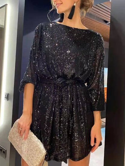 maoxiangshop New Women's Holiday Party Cocktail Party Sparkling Beaded Dress Fashion Temperament Elegant Sexy Sequined Evening Dress