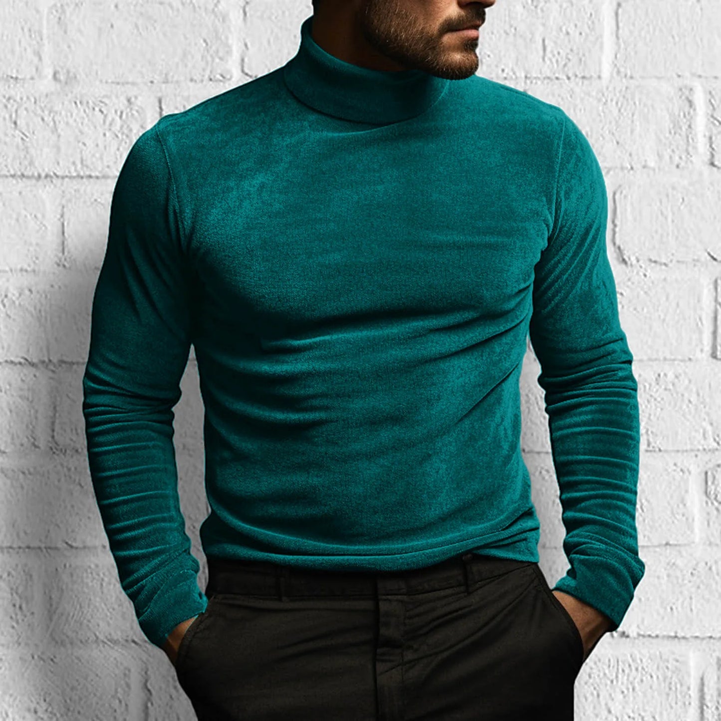 maoxiangshop New Long Sleeved Solid Color Tight Fitting T-Shirt, European and American Autumn and Winter Men's High Neck Velvet Base Sweater