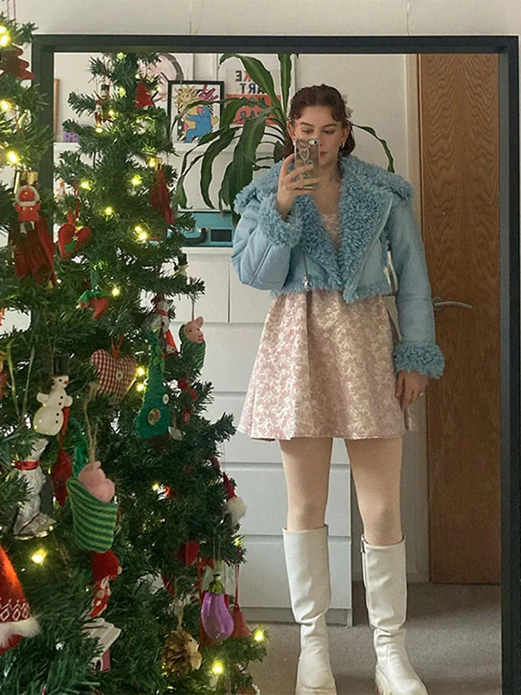 maoxiangshop -  Elegant Patchwork Solid Zipper Short Coat Women Fashion Plush Lapel Collar Jacket Autumn Winter Female Street Outerwear