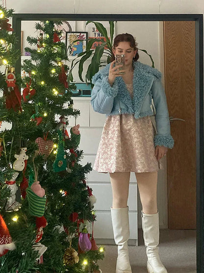 maoxiangshop -  Elegant Patchwork Solid Zipper Short Coat Women Fashion Plush Lapel Collar Jacket Autumn Winter Female Street Outerwear