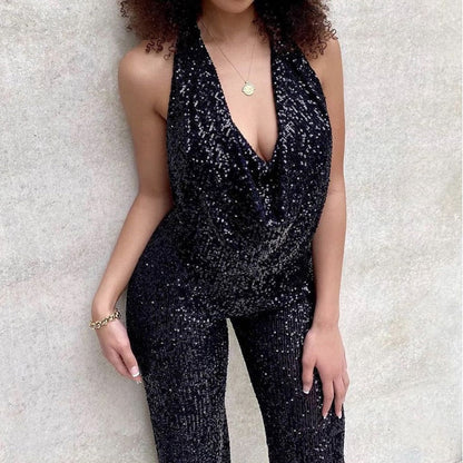 maoxiangshop Sexy Glitter Sequin Club Party Jumpsuits Elegant Halter Sleeveless Straight Playsuits Summer Women Fashion Backless Solid Romper