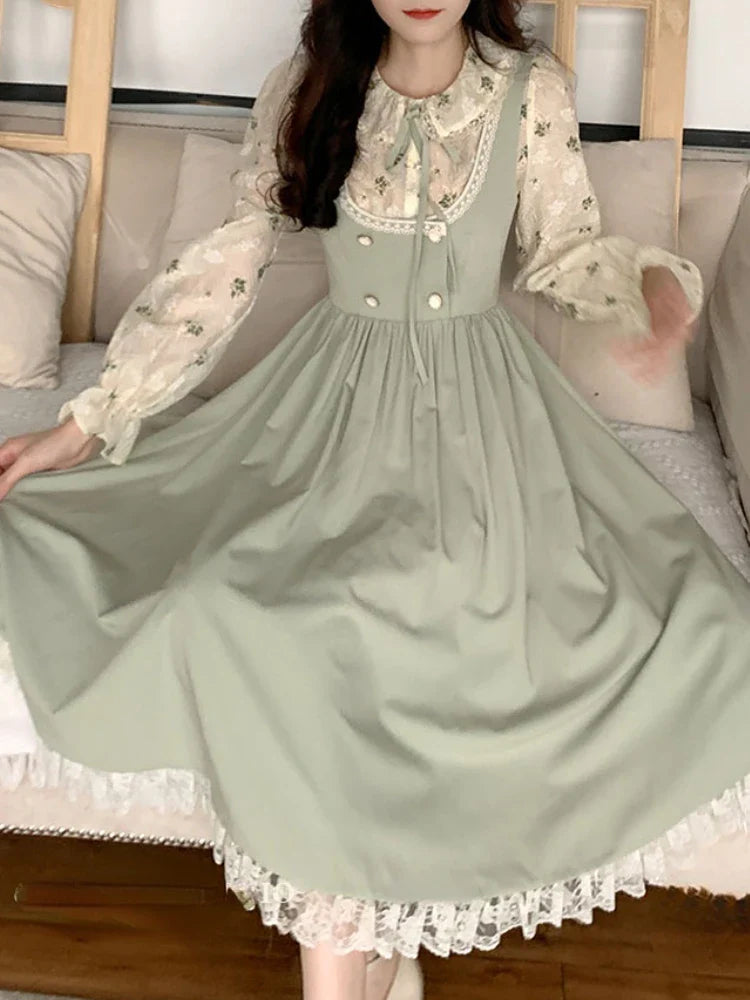 Green Elegant Vintage Strap Dress Women Spring Lace Evening Party Midi Dresses Ladies Retro Korean Sweet Kawaii Fairy Dress