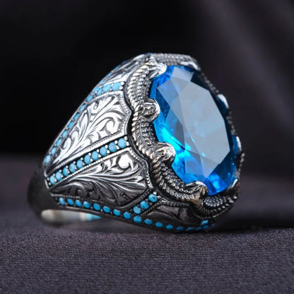 maoxiangshop Retro Handmade Turkish Signet Rings for Men Ancient Silver Color Carved Ring Mystic Zircon Inlay New Punk Motor Biker Ring