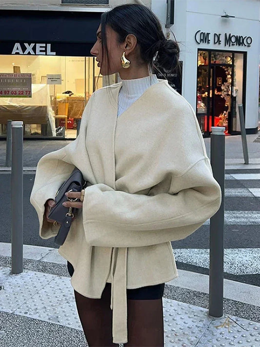 maoxiangshop  -  Elegant Fleece Women's Coat With Belt Solid V-neck Long Sleeve Lace Up Jacket Cardigan Autumn Winter Coats Female Tops Outwear
