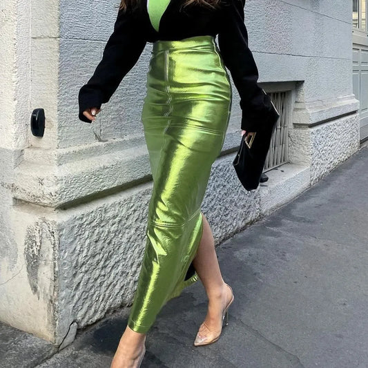 maoxiangshop Sexy Sparkly Slit Long Skirts Women High Waist Metallic Green Slim Maxi Skirt Summer Harajuku Elegant Fairy Grunge Clothes