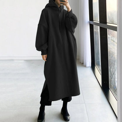 maoxiangshop New Fashion Hooded Sweatshirts Dress Women Casual Solid Long Sleeve Maxi Dresses Winter Clothes Vestidos Warm Robe Femme