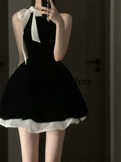 maoxiangshop Sexy Dress Woman Bow Bandage Sleeveless Slim Patchwork Black Mini Dresses Puffy Elegant Vintage Ladies Summer Fashion Chic