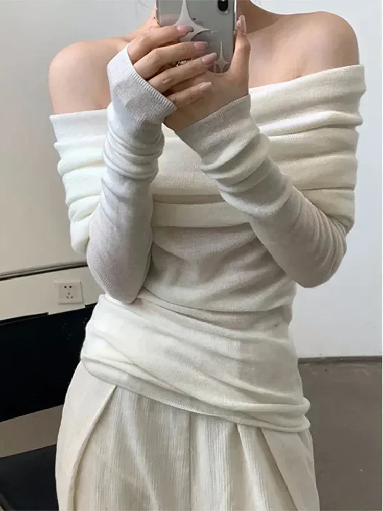 Women Long Sleeve Knitwear Solid Off Shoulder Autumn Thin Pullovers Slash Neck Sweater For Women Office Elegant Tops 2023