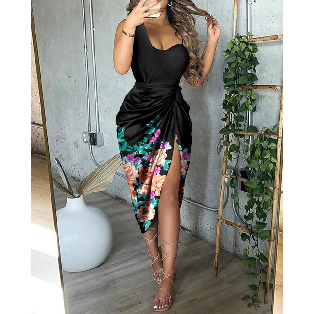 maoxiangshop Summer Women Elegant Spaghetti Strap Ruched Irregular Party Dress Women Temperament Split Slim Ladies Office Dresses