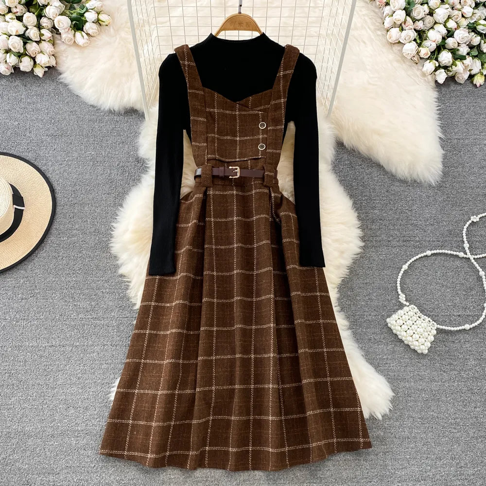 High Quality Fall Winter Women Sweater Overalls Dress Sets Casual Knitted Tops +Plaid Woolen Dress 2 Piece Sets Outfits Female