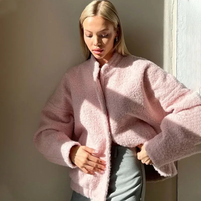 maoxiangshop  -  Women's Pink Short Fur Jacket Autumn Loose Fashion Long Sleeve Jacket Top Casual Stand Collar Pocket Button Warm Jacket