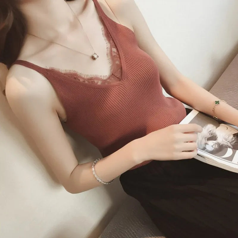 maoxiangshop Women Hook Flower Lace Tank solid Stitching V-neck Camis Female Knitted Short Slim Sleeveless Shirt Tank Casual Tops