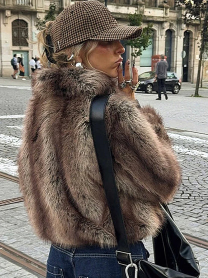 maoxiangshop  -  cold weather outfuts Fashion Faux Fur Short Coat Women Lapel Patchwork Zipper Long Sleeve Jacket 2024 Warm Autumn Winter Pocket Lady Street Outwear