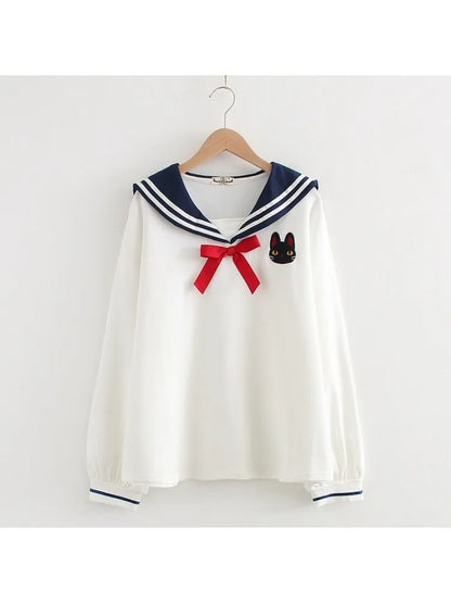 Japan Style Cute Women Sweatshirts Cartoon Cat Embroidery Hoodies Long Sleeve Sailor Collar Sweet Girl Pullovers Tracksuits