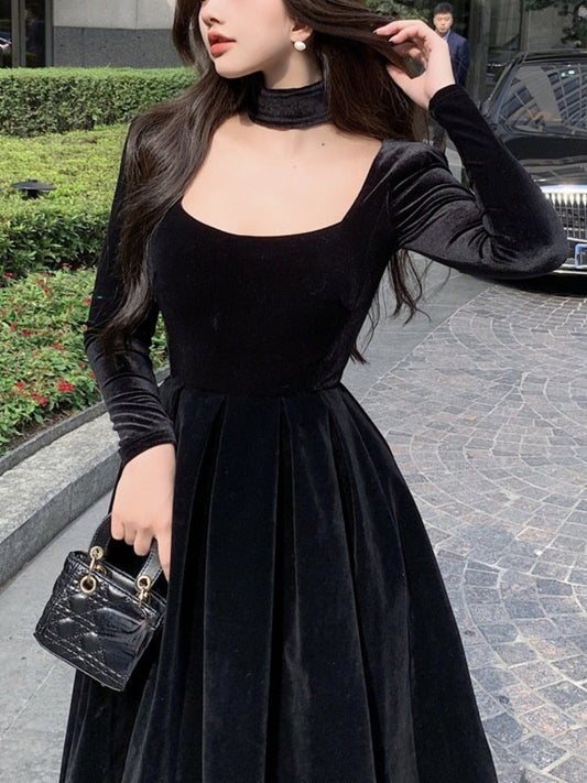 maoxiangshop Velvet Elegant Evening Party Midi Dresses Ladies Black France Vintage Dress Women New Winter Korean One-piece Dress Autumn