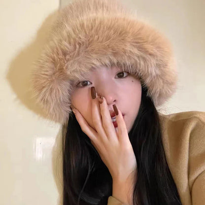 maoxiangshop  -  Fluffy Fur Bucket Hat for Women Imitation Mink Hair Warm Basin Cap Thickened Plush Winter Hats Lady Fashion Panama Fisherman Cap