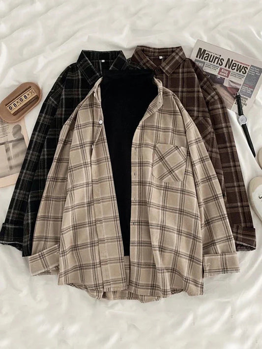 maoxiangshop Vintage Women Plaid Shirts Autumn Long Sleeve Oversize Button Up Tops Korean Loose Casual Fall Outwear Femme Shirts