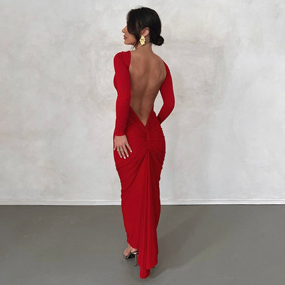 maoxiangshop Backless Maxi Dress Elegant Red Long Sleeve Sexy Ruched Bodyocn Evening Party Dress for Women Spring Slim Christmas Outfits