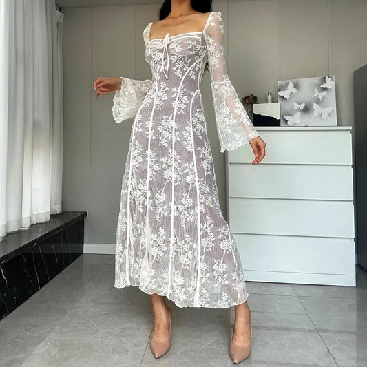 Vintage Lace Long Dress for Women Fashion Elegant Flare Sleeve Square Collar Pleated Dresses Vacation Beach Party Ladies Outfits