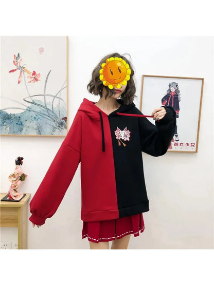 maoxiangshop Harajuku Contrast Cartoon Embroidery Casual Fleece Pullover Hoodies Sweatshirt Women Winter Long Sleeve Korean Female Top