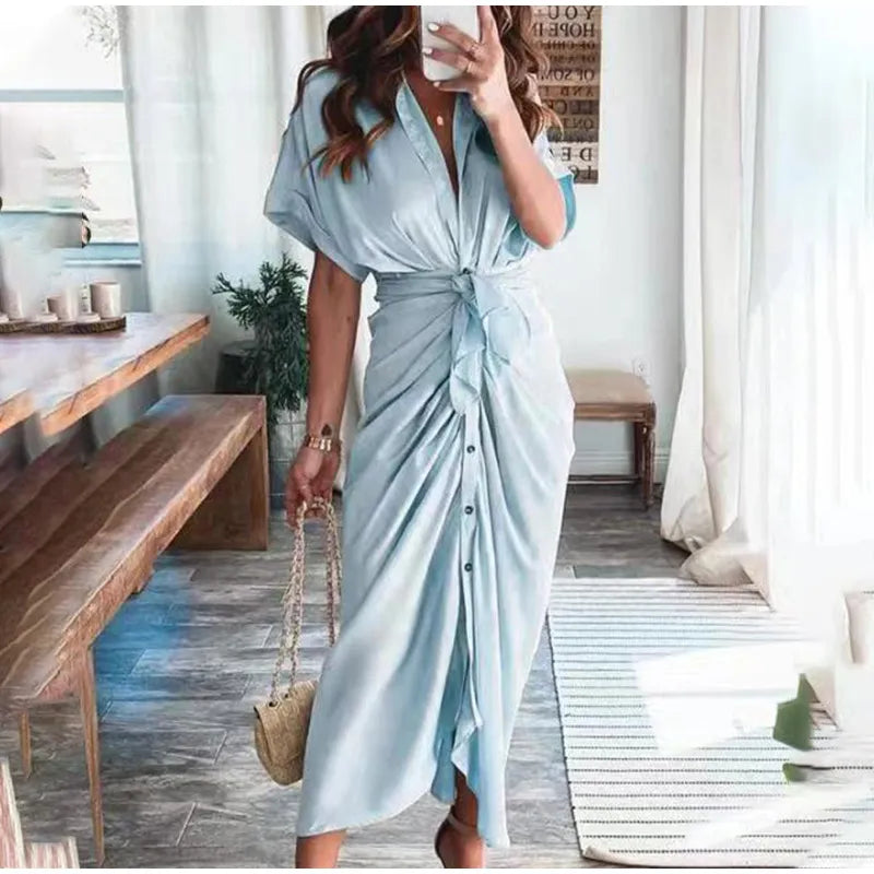 maoxiangshop Women Summer Elegant Button Ruched Bandage Shirt Dress Fashion Casual Short Sleeve Solid V Neck Beach Maxi Dress