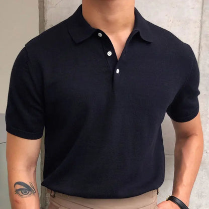 maoxiangshop Summer Simple Solid Color Casual Slim Lapel Polo Knit  Breathable Polo Camisa Hombre British  Men's Shirt Mannen Polo