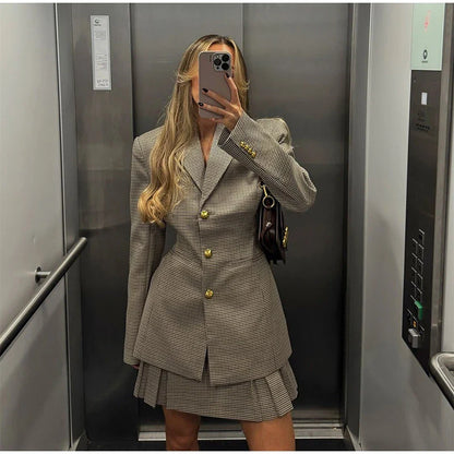 maoxiangshop  -  Plaid Coat Women Belt Autumn Winter Slim Lapel Buttons Pockets Outerwear Female Long Sleeve Vintage Jacket Lady High Street Chic