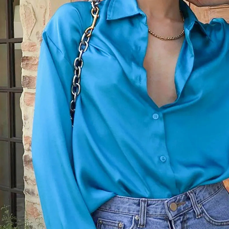maoxiangshop  -  Autumn Office Lady Loose Turn Down Collar Button Clothes Fashion Blue Shirt New Long Sleeve Shirt for Women Blusas