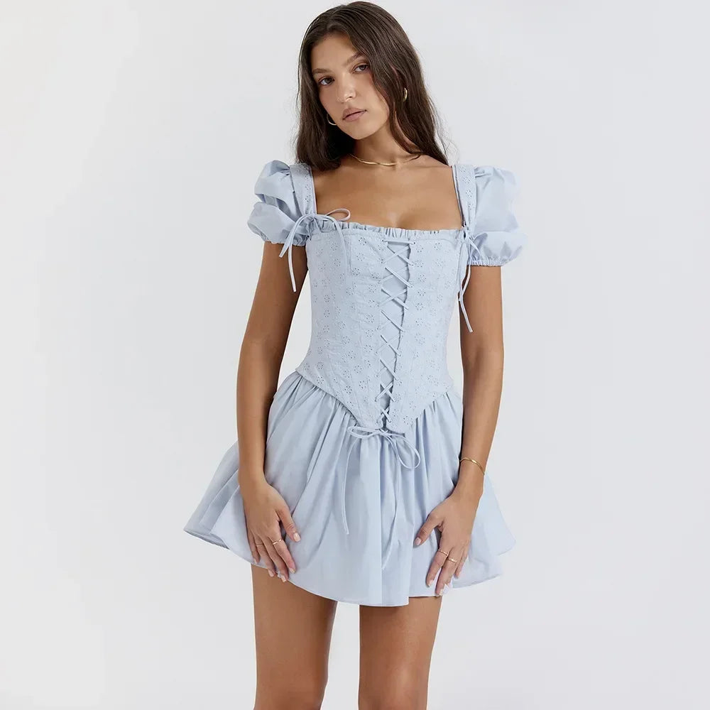 Summer Blue Puff Sleeve Corset Dress Mini Elegant A Line Lace Up Holiday Party Dress Square Neck Women Dress