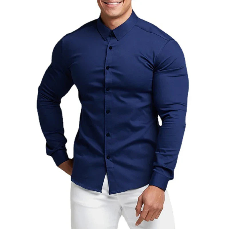 maoxiangshop New Fashion Casual long Sleeve Solid Shirt Mens Super Slim Fit Male Social Business Dress Shirt Men Gym Fitness Sports Clothing