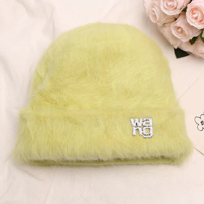 maoxiangshop New Fashion Rabbit Fur Y2k Beanies for Women Soft Warm Fluffy Angola Winter Hat Female Windproof Bonnet Hat Skullies Cap