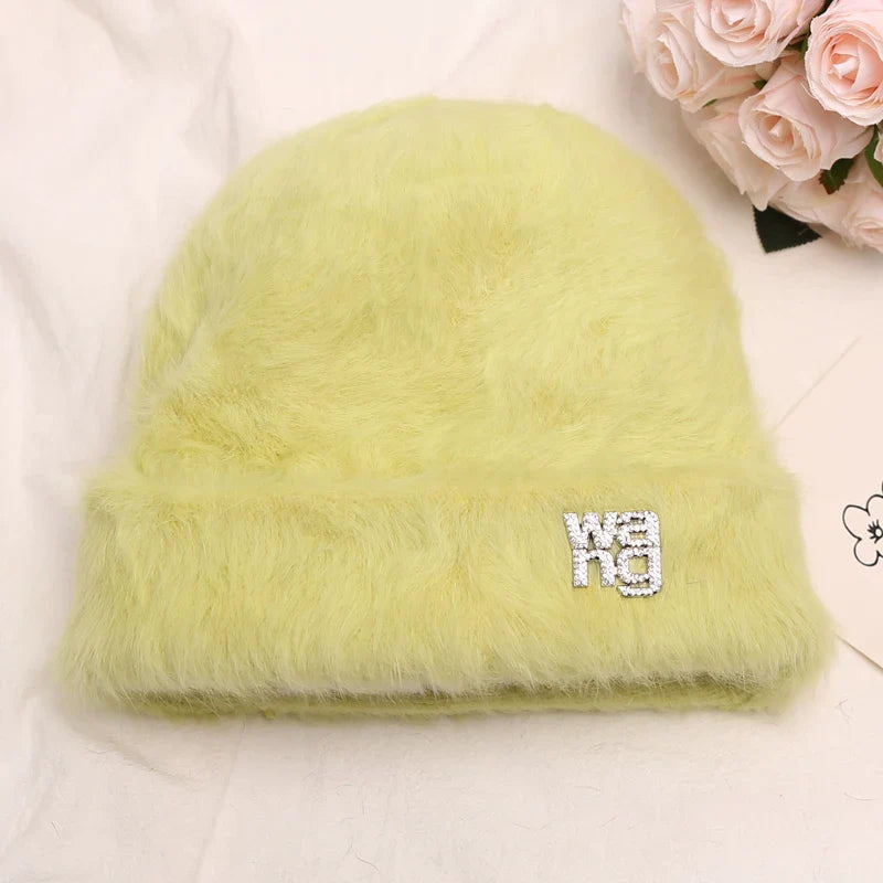 maoxiangshop New Fashion Rabbit Fur Y2k Beanies for Women Soft Warm Fluffy Angola Winter Hat Female Windproof Bonnet Hat Skullies Cap