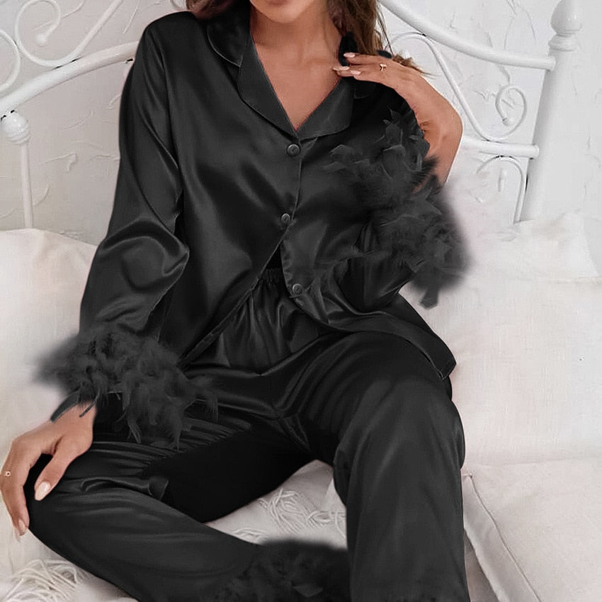 Solid Casual Sleepwear Women's Robe With Feathers Single Breasted Turn Down Collar Women Sleeping Clothes Set Satin Pajamas Sets