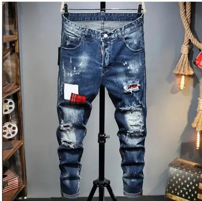 maoxiangshop Men Blue Denim Jeans Skinny Holes Jeans Italian Style Stretch Denim Pants High Quality Male Slim Fit Denim Trousers Size 42