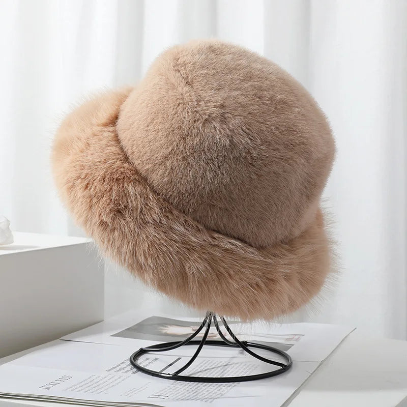 maoxiangshop Winter Hat for Women Faux Fur Fluffy Bucket Hat for Women Luxury Plush Hat Thicken Snow Oversized Fur Bucket Hat Soft Panama Cap