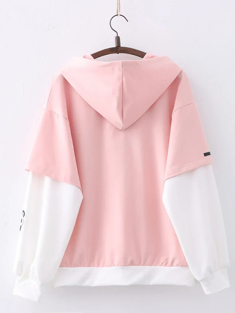 maoxiangshop Women cotton Hoodies Spring Long Sleeve Drawstring letter print Hooded Sweatshirt Female Harajuku Cute Pullover Tops