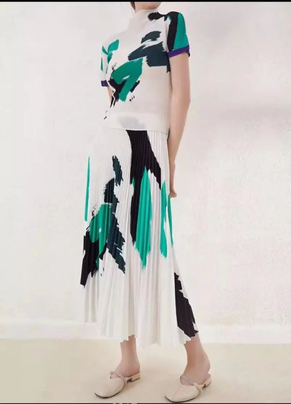 maoxiangshopMiyake Pleated Suit Women's Sping/Summer New Fashion Printing All-match Large Size Slim Top&Skirt 2 Pcs Set