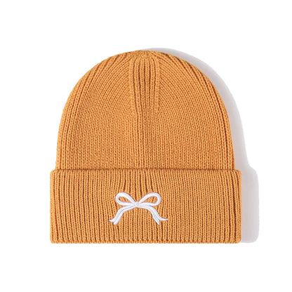 maoxiangshop  -  Winter Knitted Hat for Women Girls Bow Embroidery Woolen Beanies Korean Y2K Bowknot Hip Hop Caps Thick Elastic Ear Warmer Bonnet