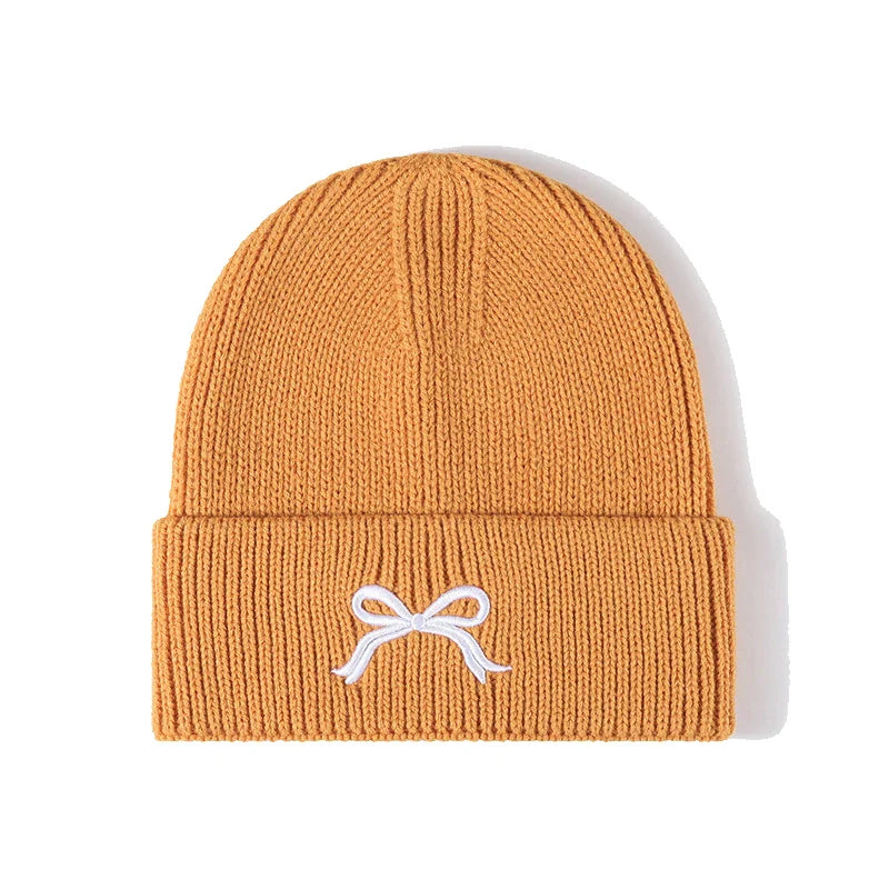 maoxiangshop  -  Winter Knitted Hat for Women Girls Bow Embroidery Woolen Beanies Korean Y2K Bowknot Hip Hop Caps Thick Elastic Ear Warmer Bonnet